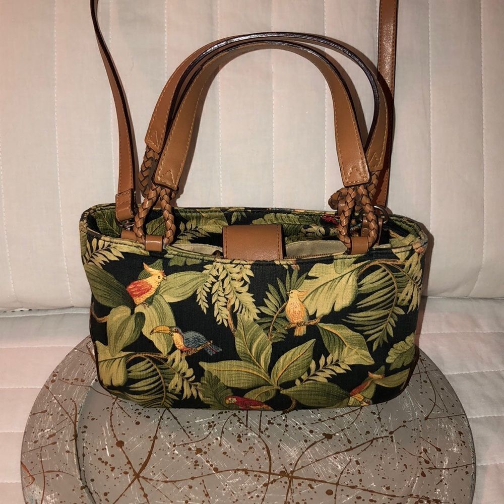 Relic Black Green Red Tropical Canvas Leather Combo Crossbody Bag Purse